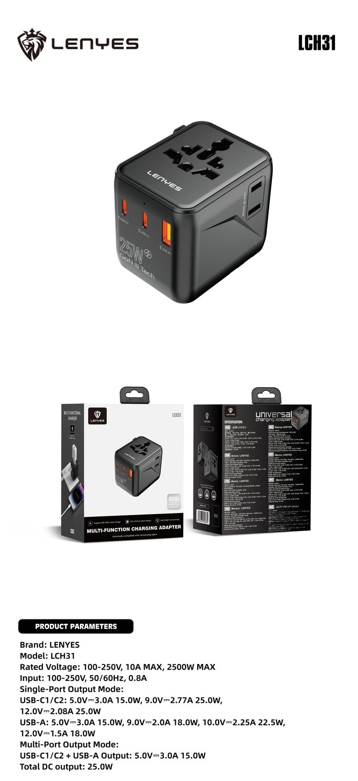 Adaptador de Viaje Universal Lenyes LCH31 con USB vista 5