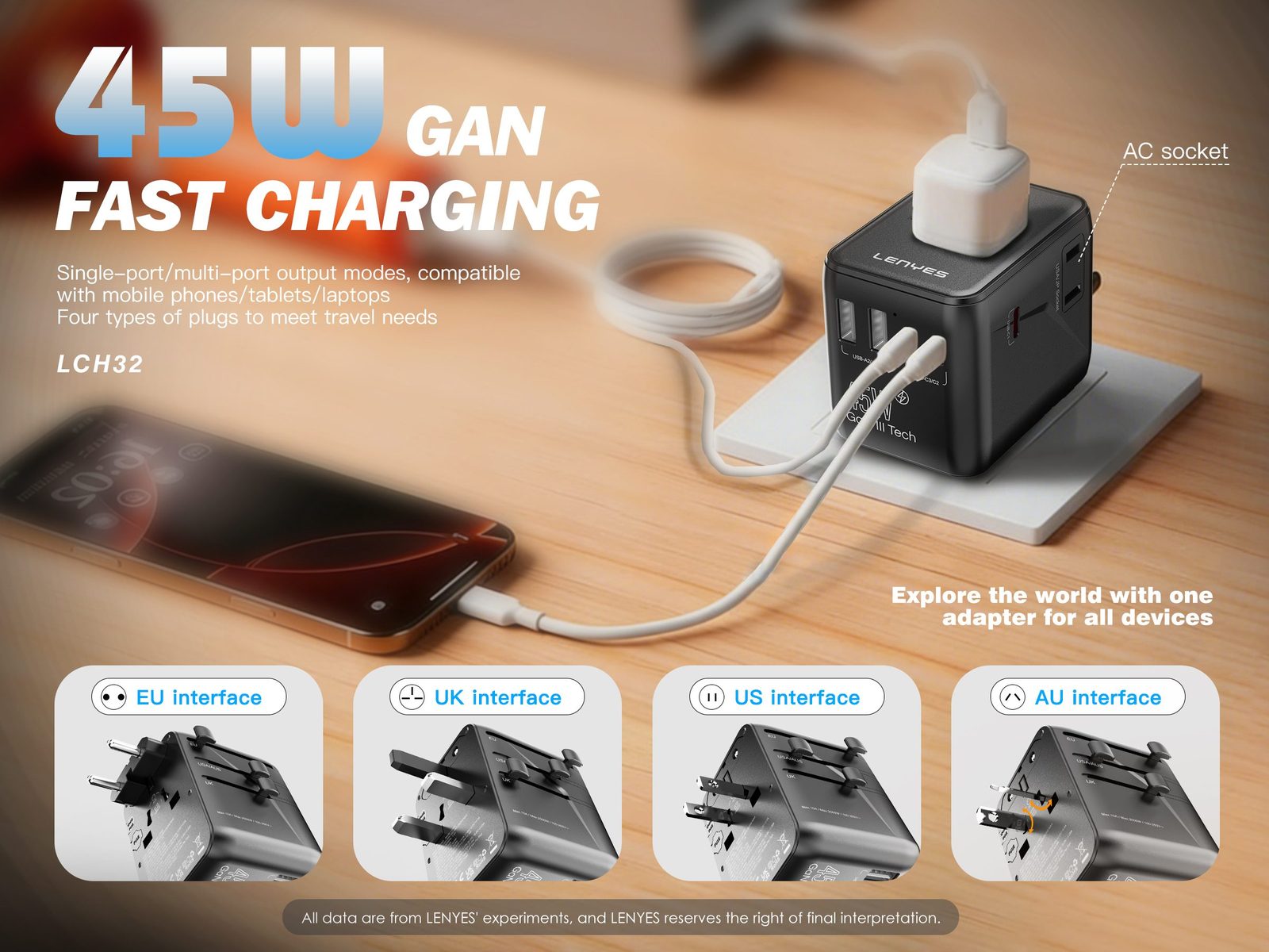 Adaptador de Viaje Universal Lenyes LCH32 GaN 45W vista 5