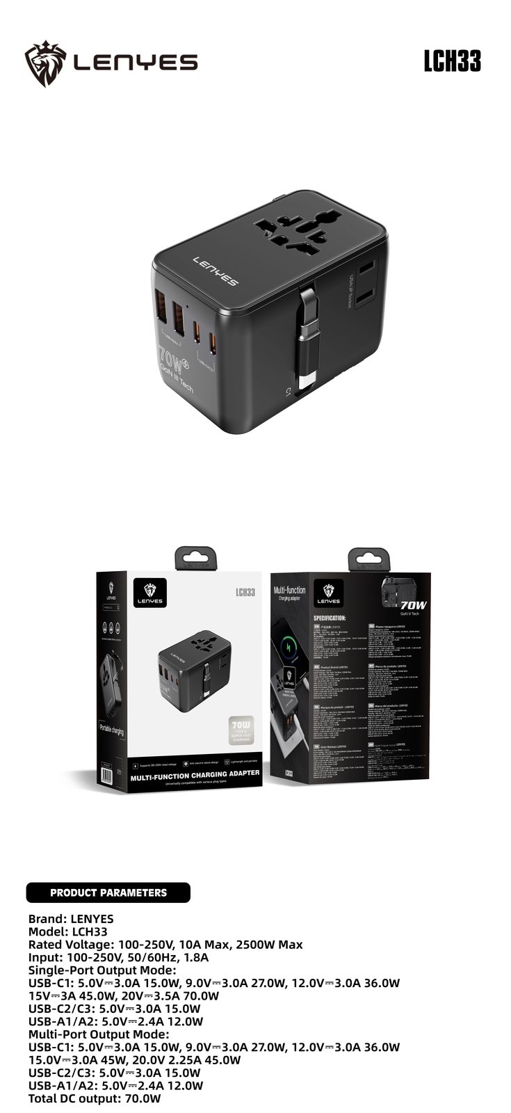 Adaptador de Viaje Universal Lenyes LCH33 GaN 70W vista 4