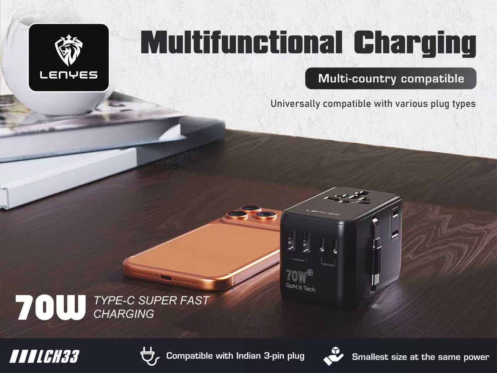 Adaptador de Viaje Universal Lenyes LCH33 GaN 70W vista 5