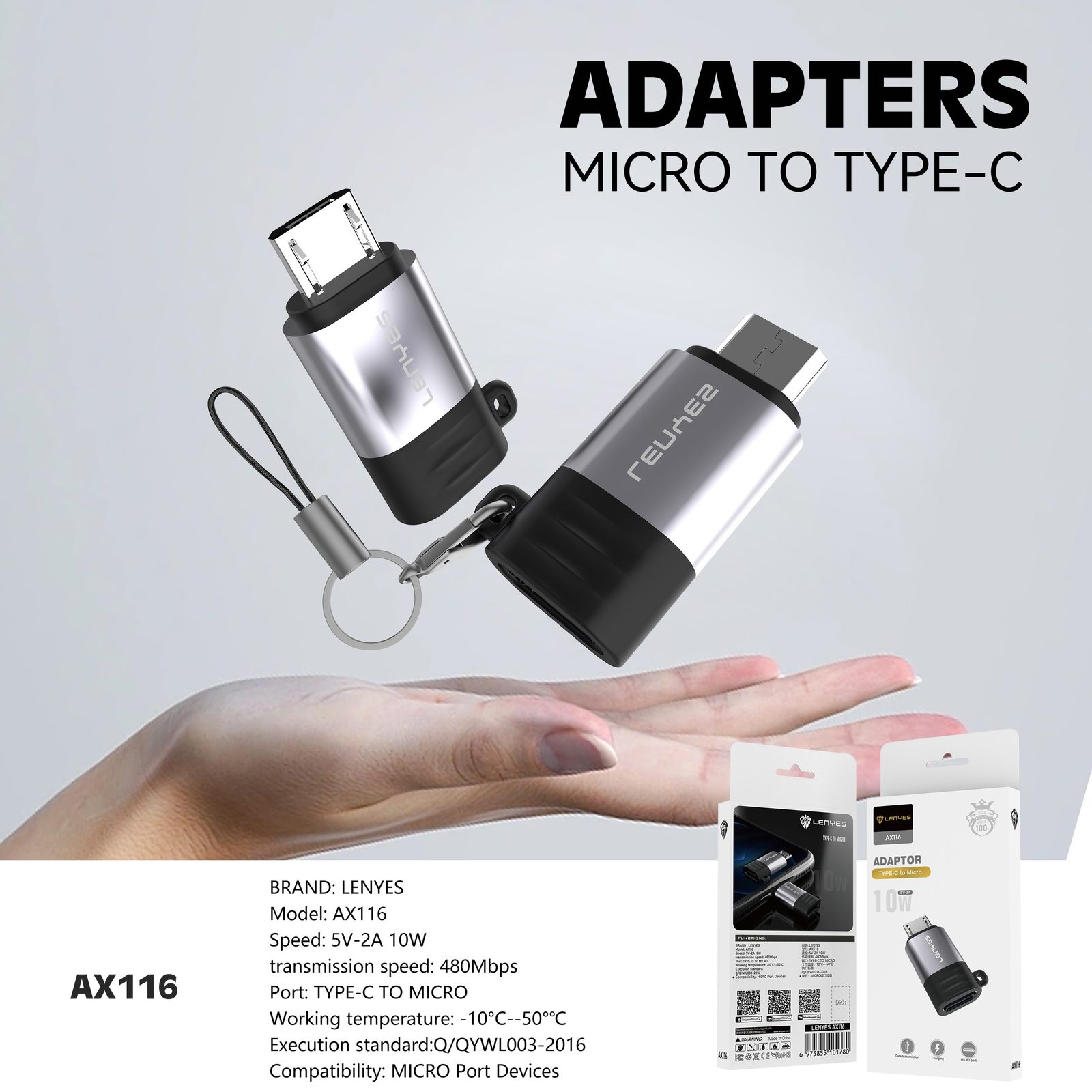 Adaptador Lenyes AX116 Tipo-C a Micro USB/V8 vista 3
