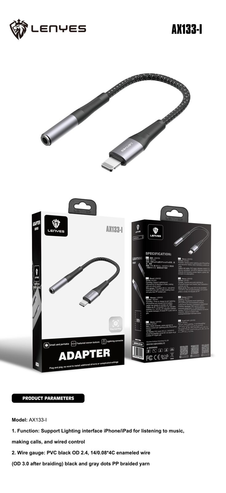 Adaptador Lenyes AX133 Lightning a Jack 3.5mm vista 3