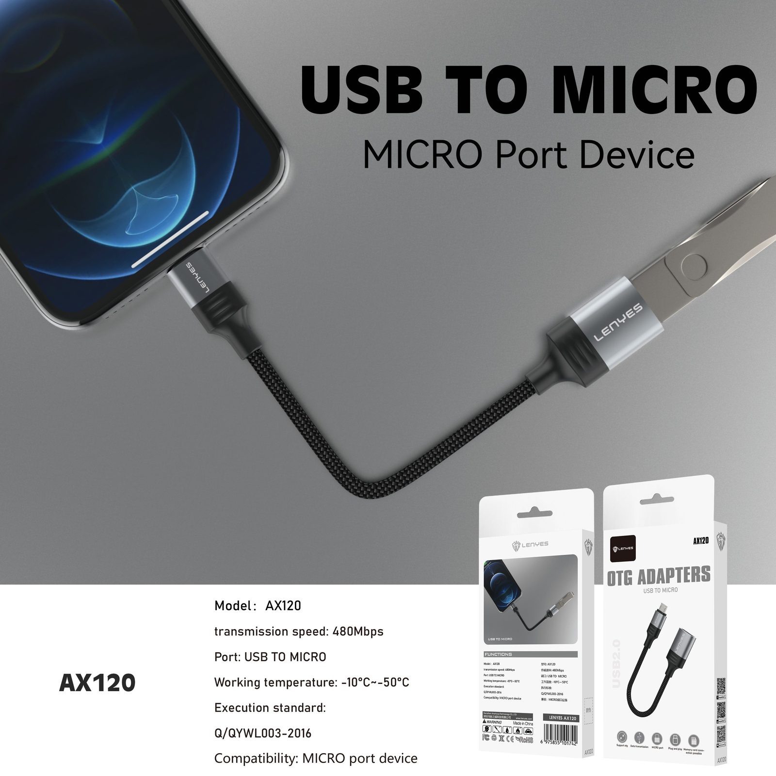 Adaptador OTG Lenyes AX120 Micro USB/V8 vista 3