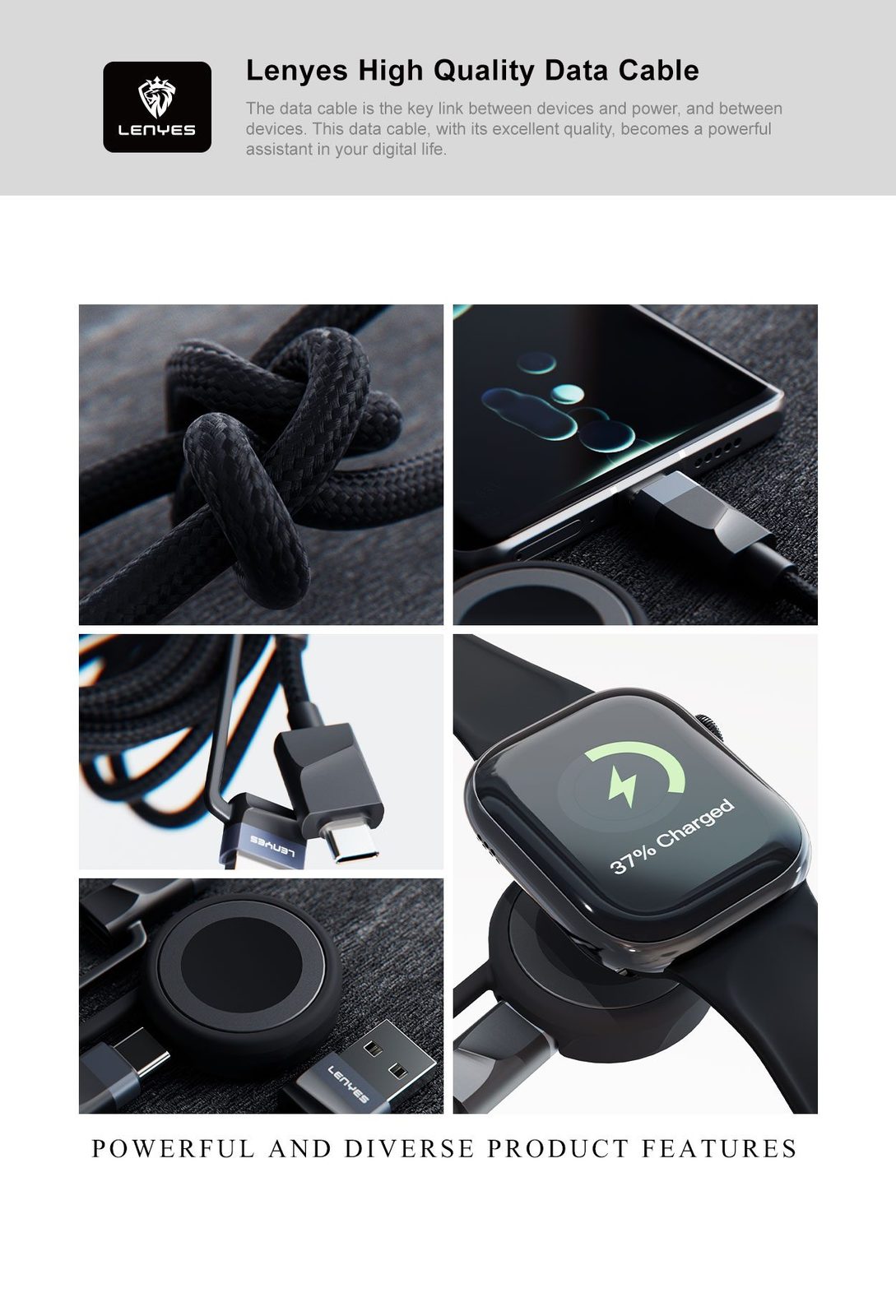 Cable de Datos 3en1 Lenyes LC541 con Carga Inalámbrica Smartwatch vista 6