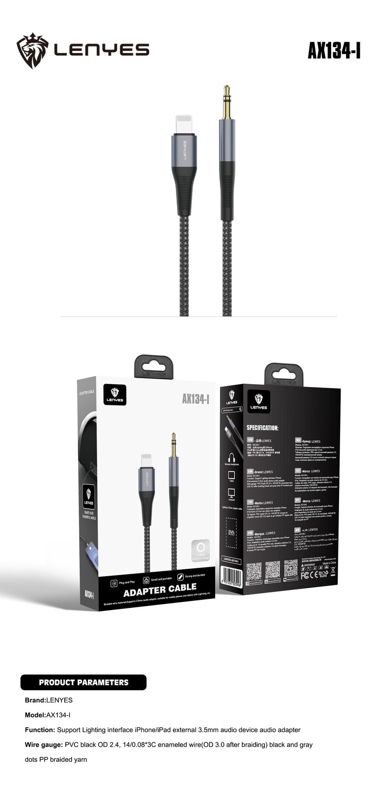 Cable Lenyes AX134 Lightning/Tipo-C a DC3.5mm vista 3