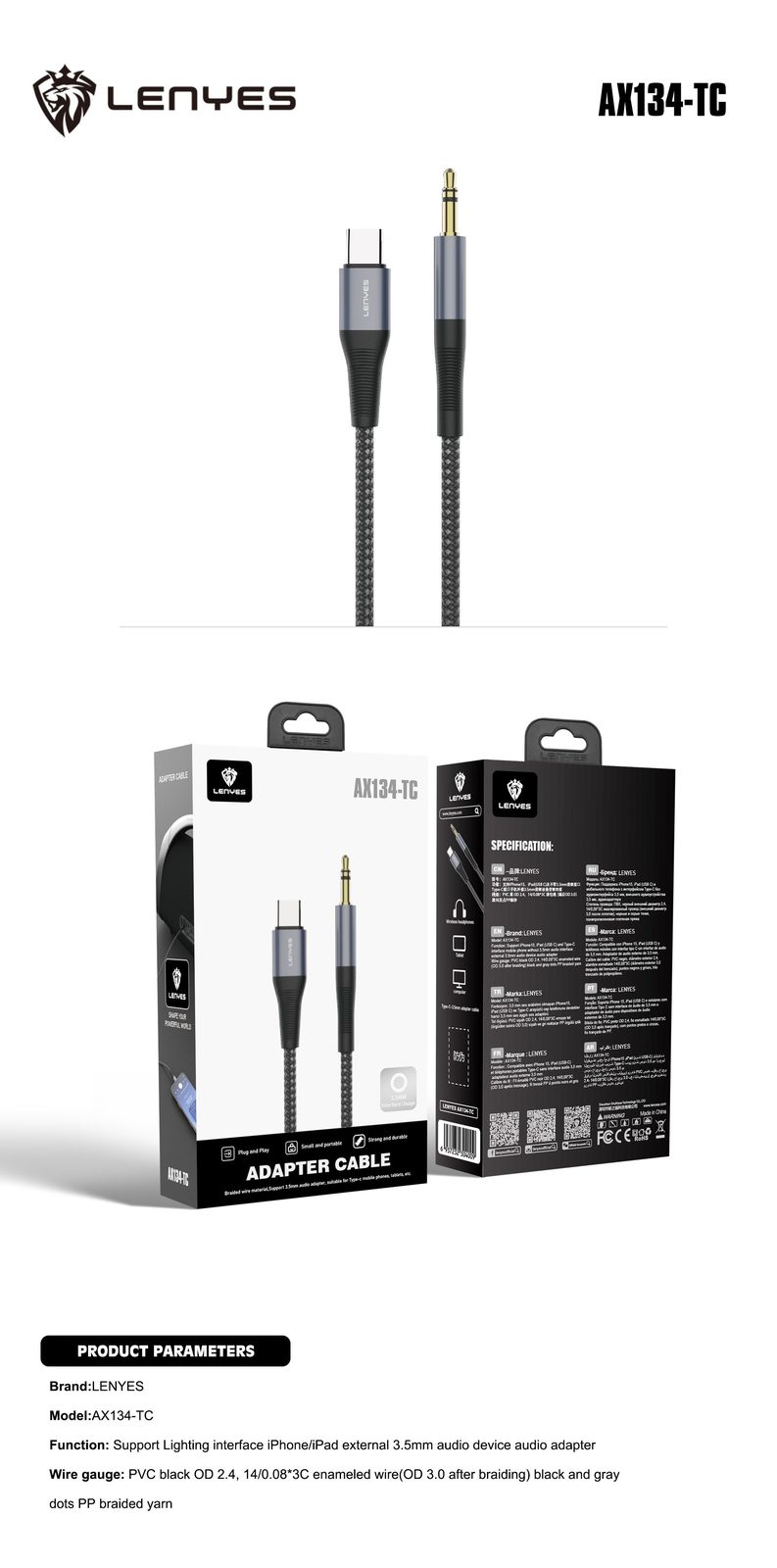 Cable Lenyes AX134 Lightning/Tipo-C a DC3.5mm vista 6