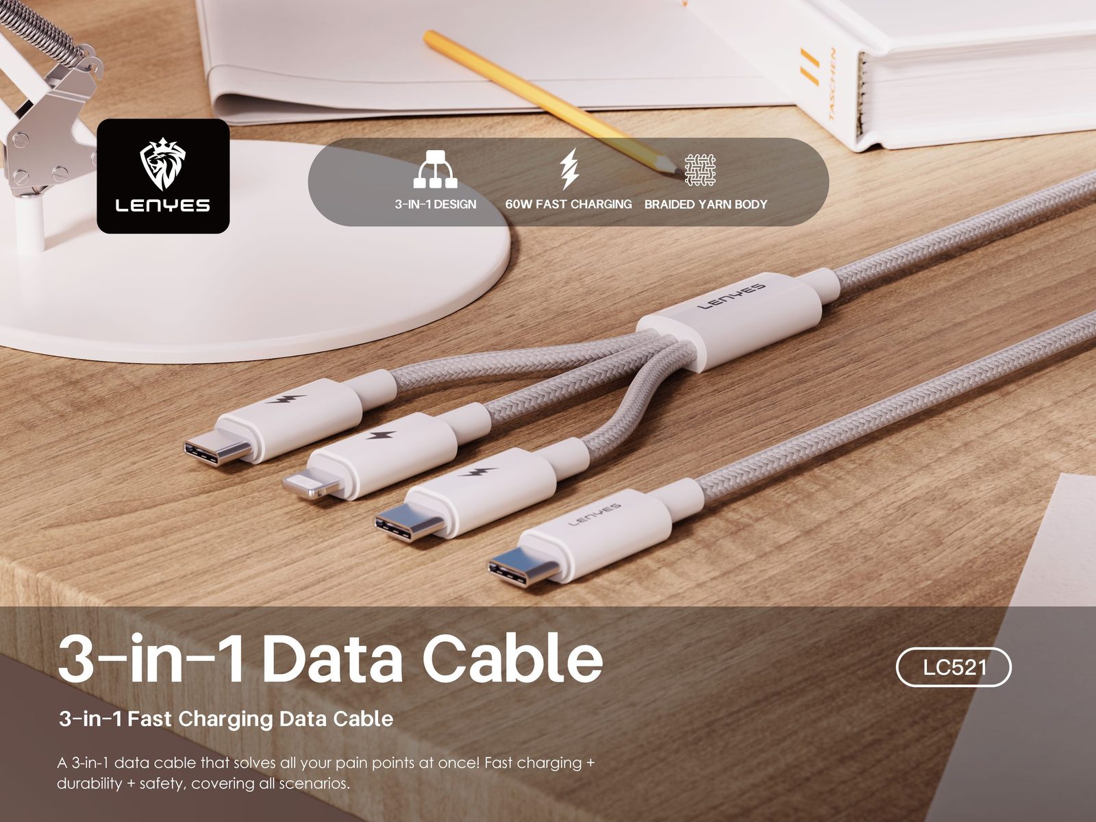 Cable Trenzado 3en1 Lenyes LC521 Carga Rápida 60W vista 3