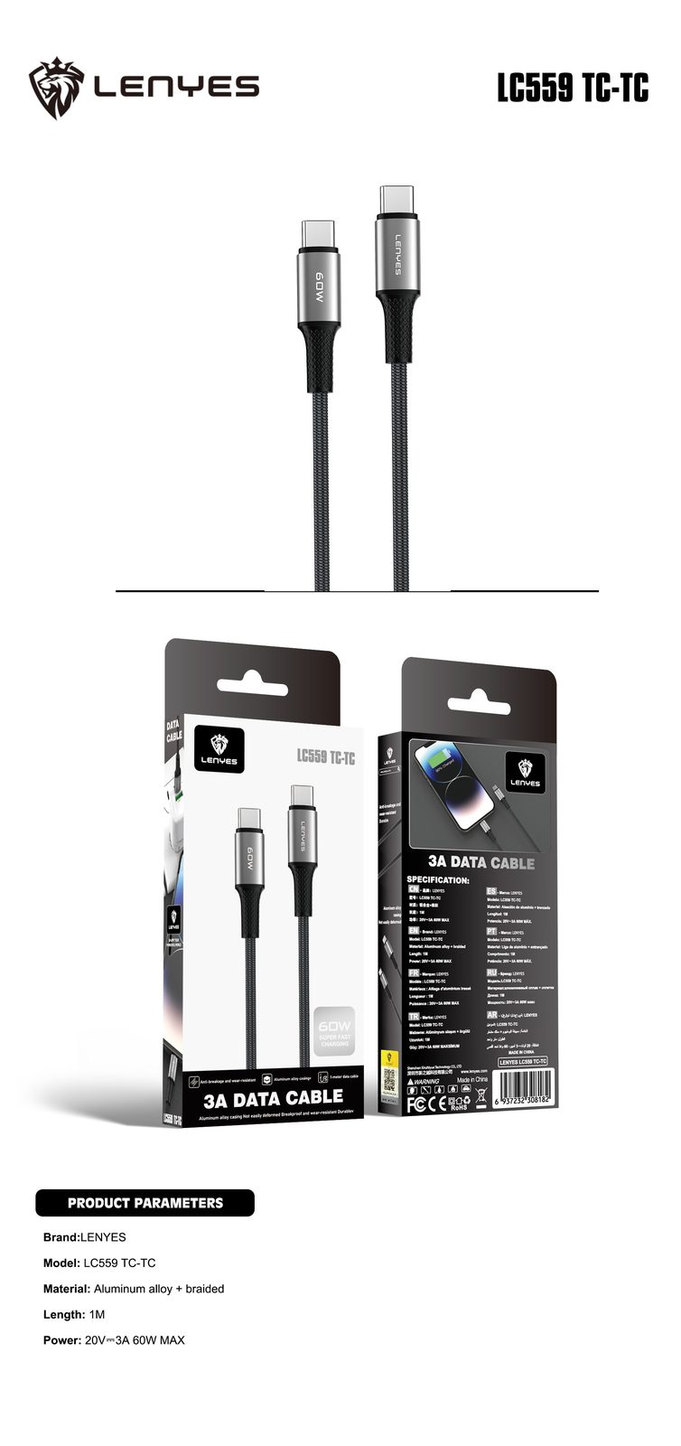 Cable USB-C Lenyes LC560 60W 2 Metros vista 3