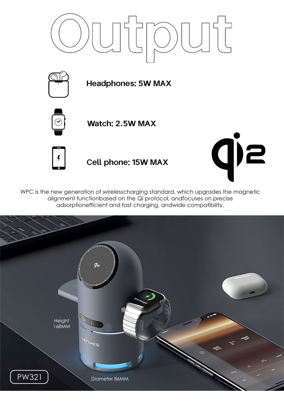 Cargador Inalámbrico Lenyes PW321 con Altavoz Bluetooth vista 6