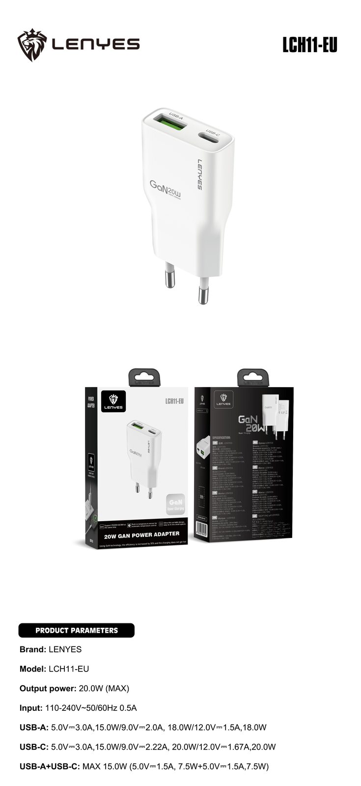 Cargador Lenyes LCH11 Dual 20W USB-C + USB-A vista 3