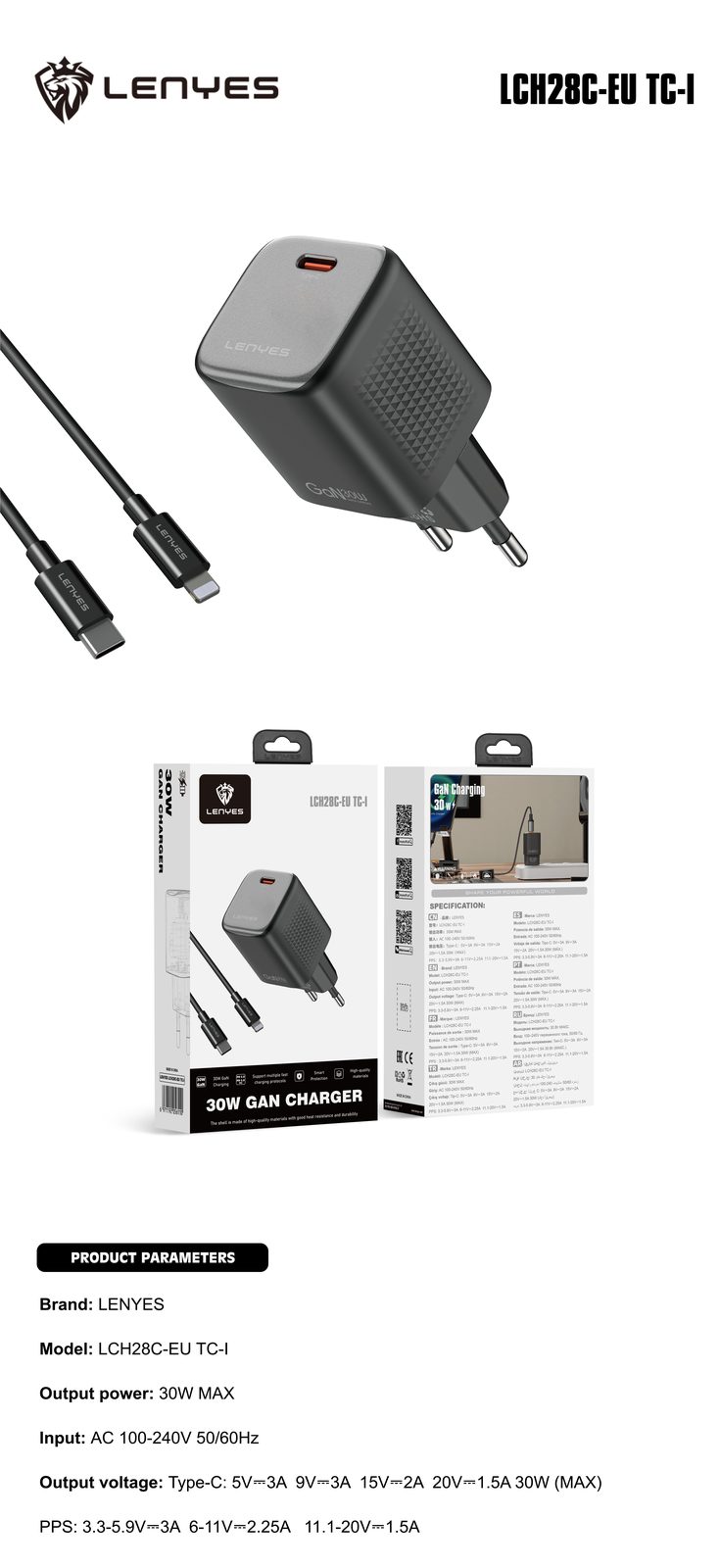 Cargador Lenyes LCH28C USB-C PD vista 6