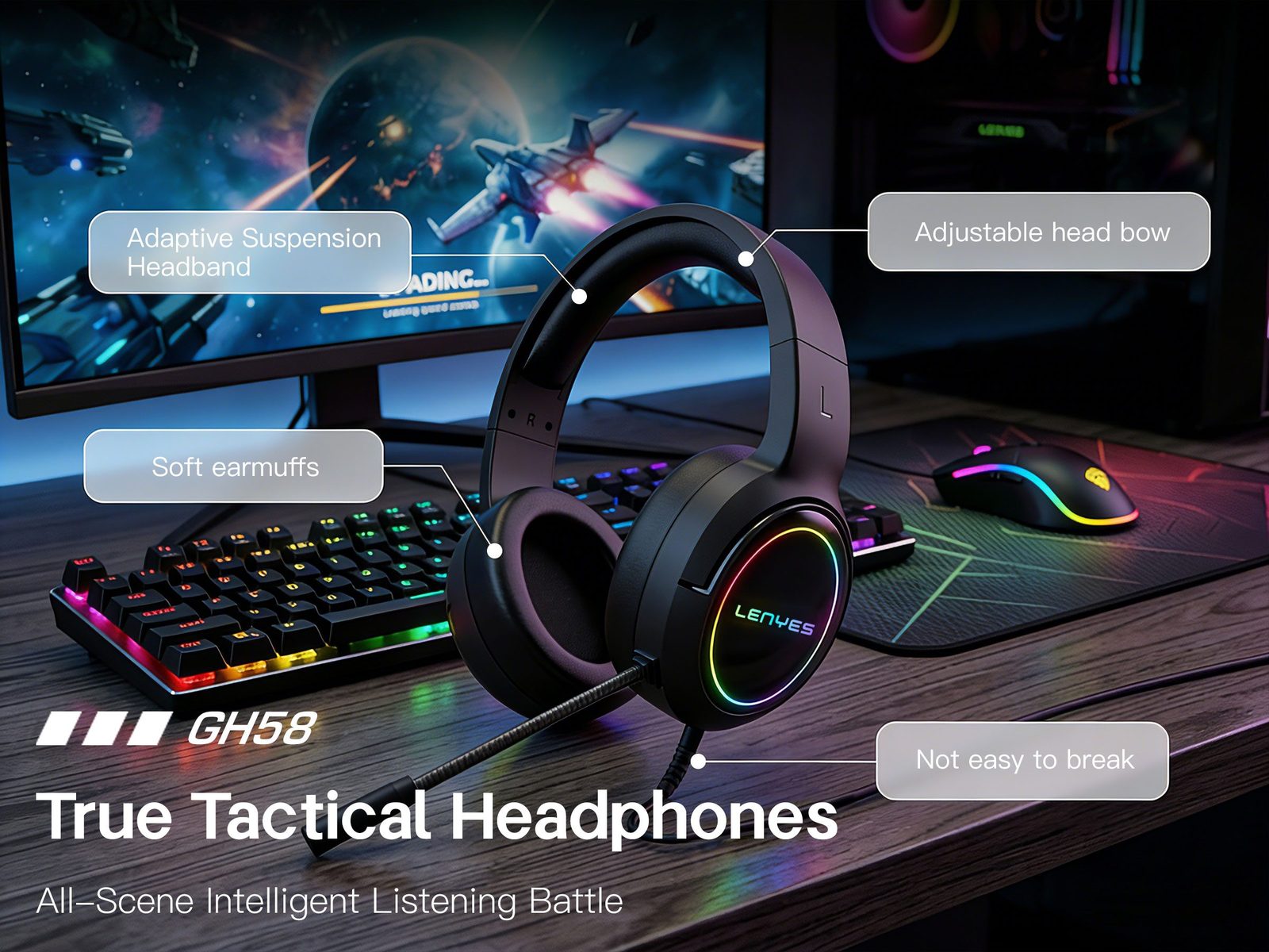Lenyes GH58 Casco Gaming Sonido Virtual 7.1 RGB vista 4