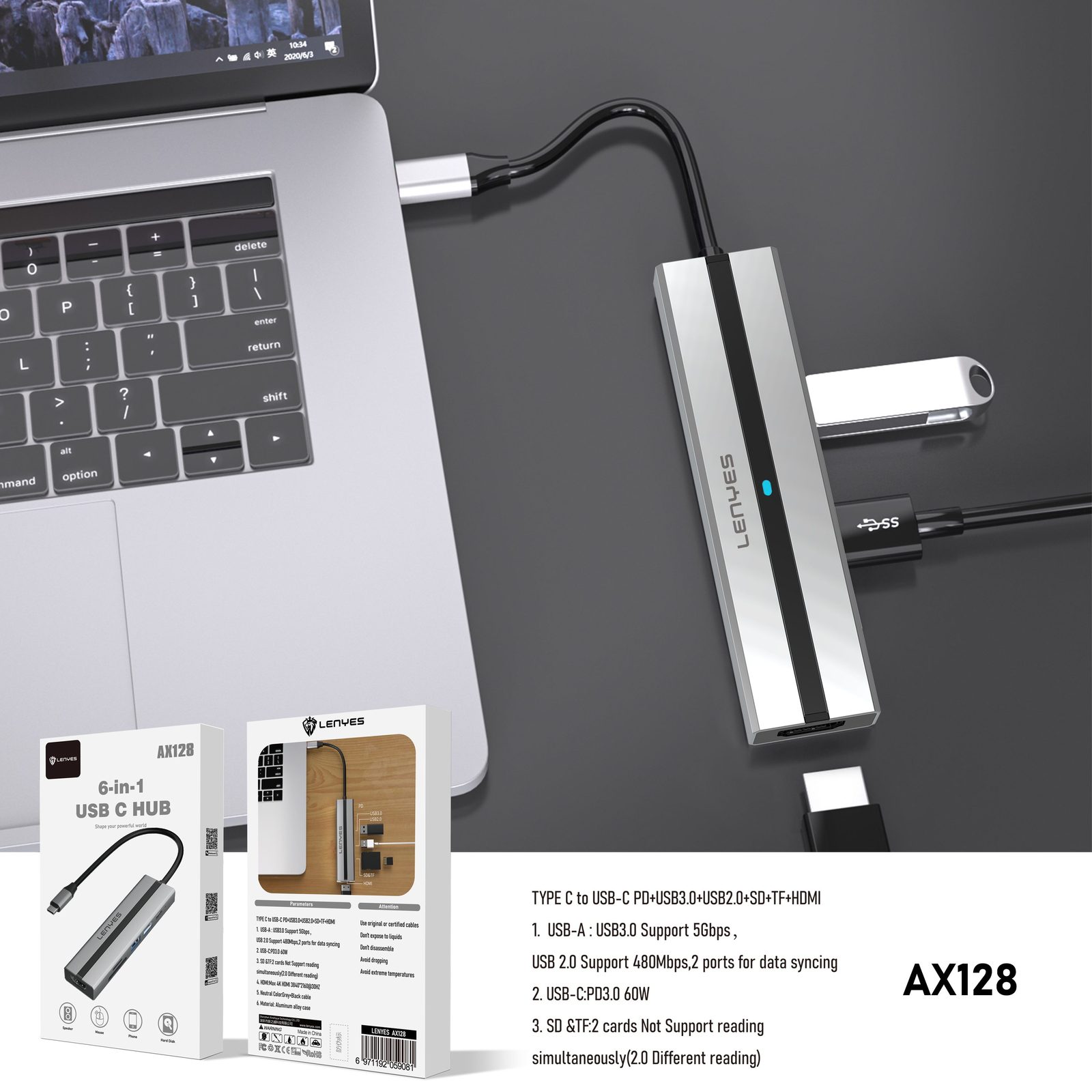 HUB Tipo-C Lenyes AX128 6en1 vista 5