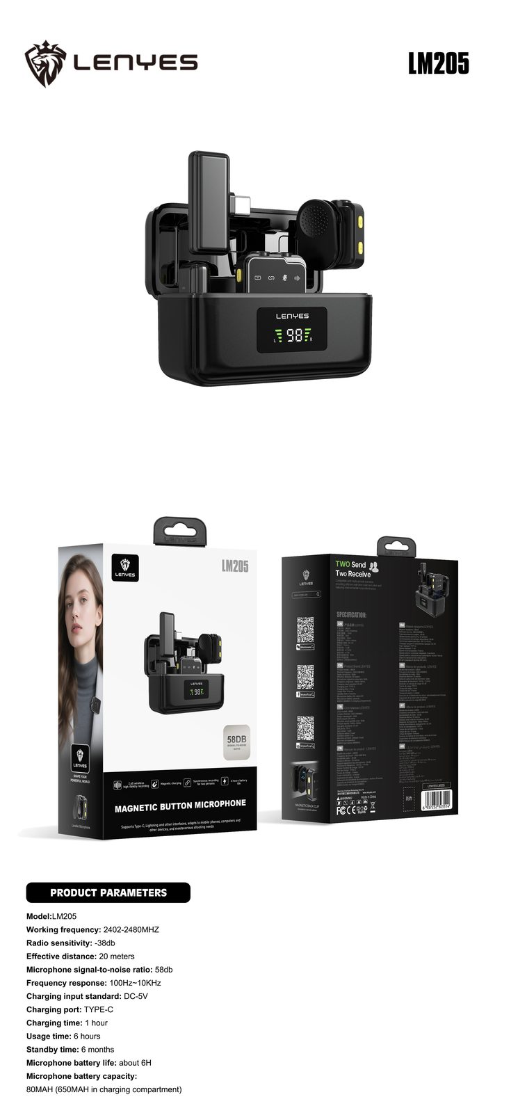 Lenyes LM205 Micrófono Lavalier Inalámbrico Dual AI vista 3