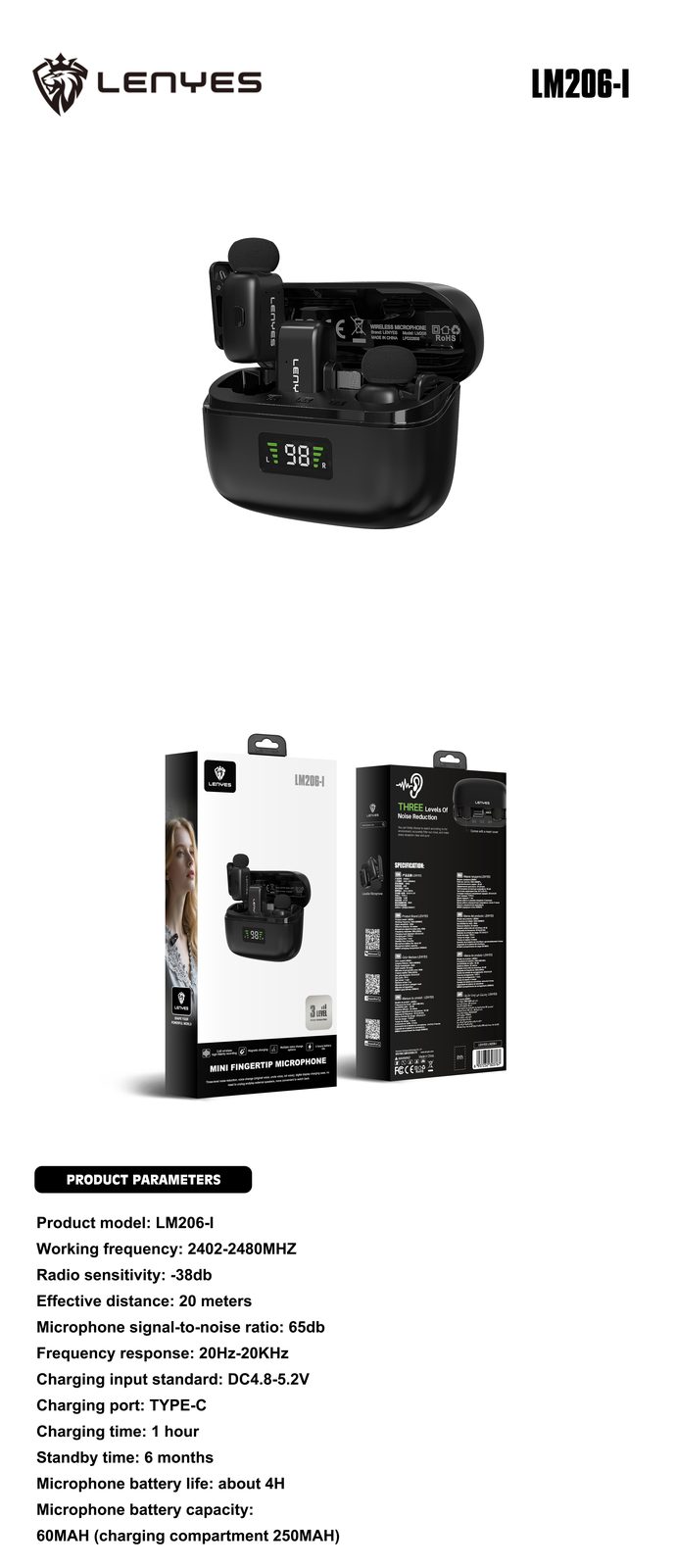 Lenyes LM206 Micrófono Lavalier Inalámbrico USB-C vista 3