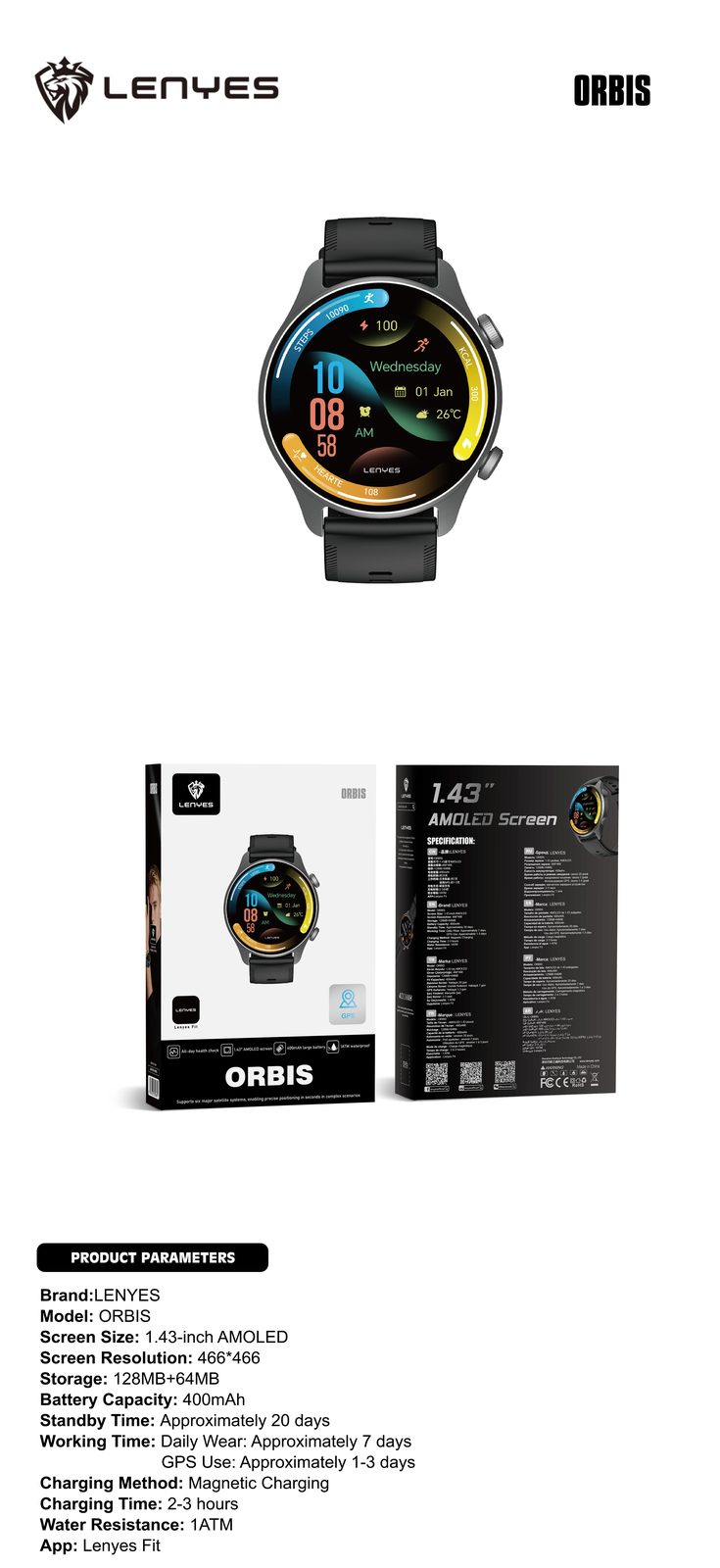 Lenyes ORBIS Smartwatch Circular SpO2 vista 5