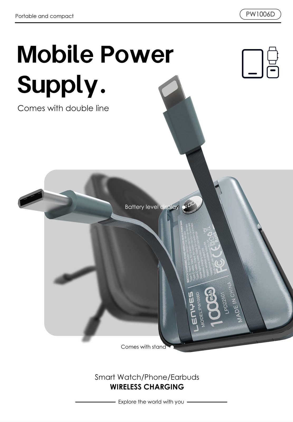 Powerbank Lenyes PW1006D con Cable Integrado vista 6
