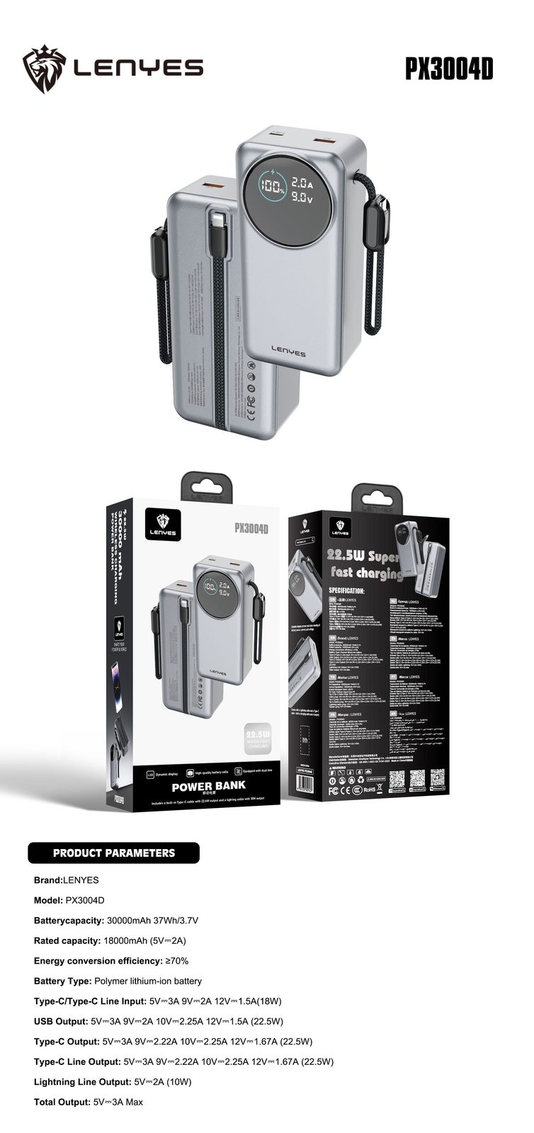 Powerbank Lenyes PX3004D 30.000mAh vista 1