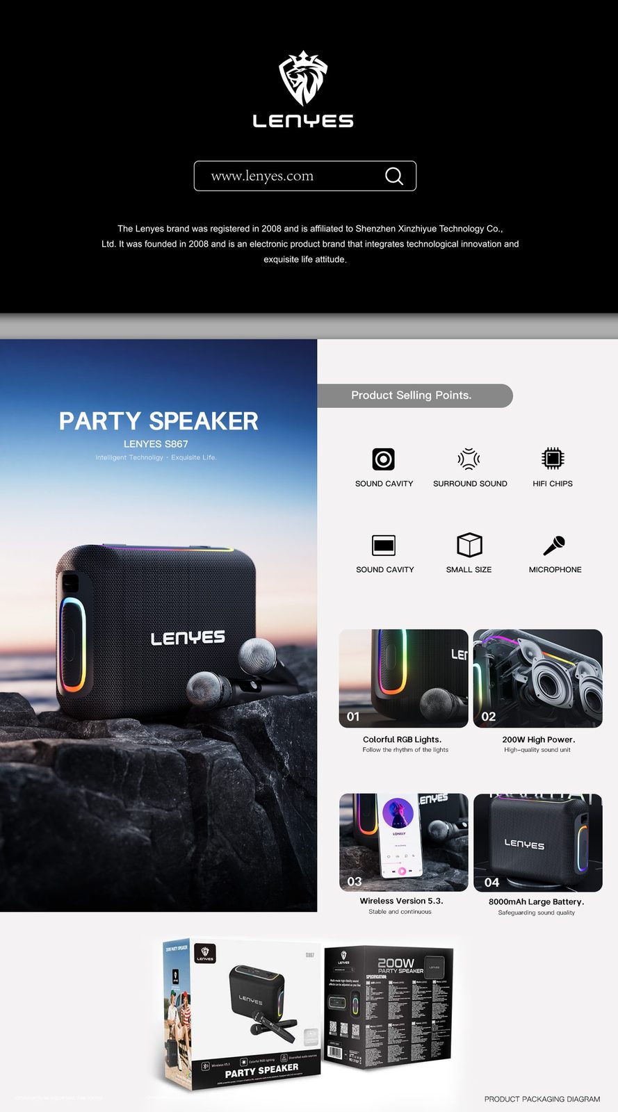 Lenyes S867 Altavoz Party 200W + 2 Micrófonos RGB vista 5