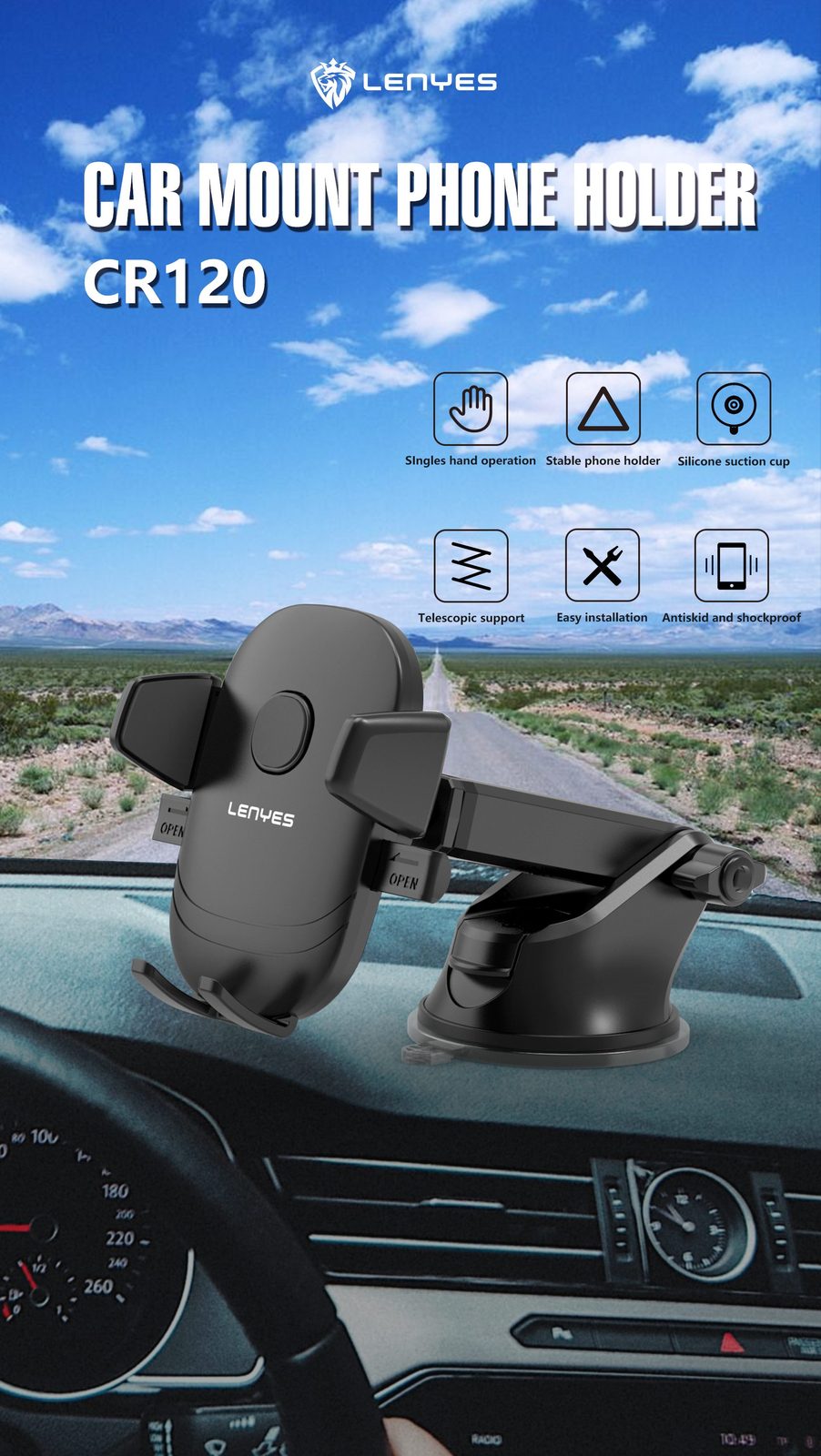 Soporte de Coche Lenyes CR120 Ventosa 360° vista 1
