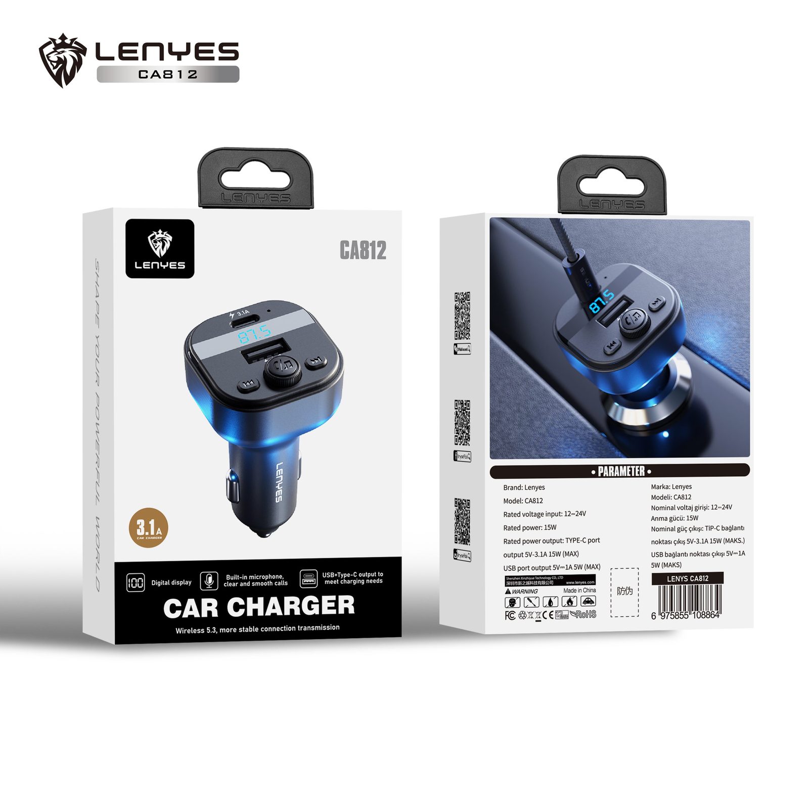 Transmisor FM de Coche Lenyes CA812 Bluetooth vista 1