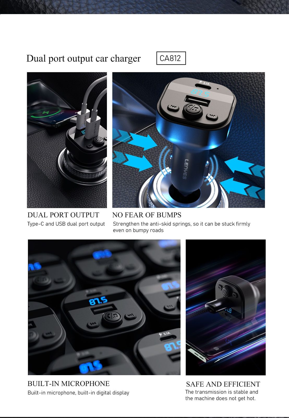 Transmisor FM de Coche Lenyes CA812 Bluetooth vista 5